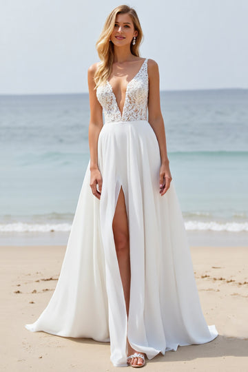 Beach White Applique Backless Wedding Dress with Slit